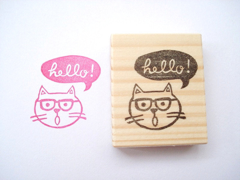 Cat rubber stamp saying hello!, Cat lover rubber stamp, Japanese